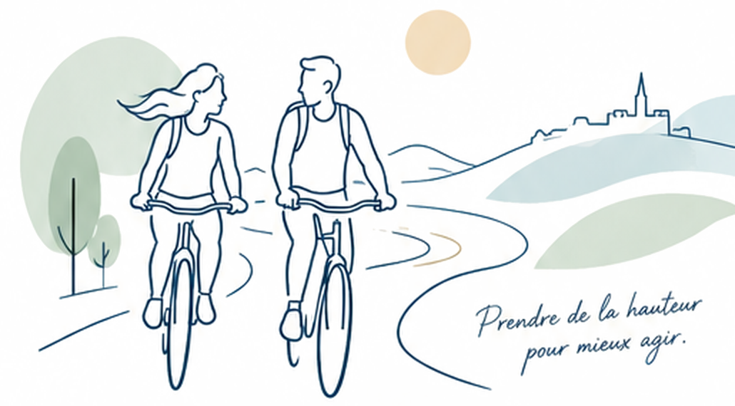 Deux personnes à vélo dans un paysage, symbole d'un accompagnement permettant de prendre de la hauteur.